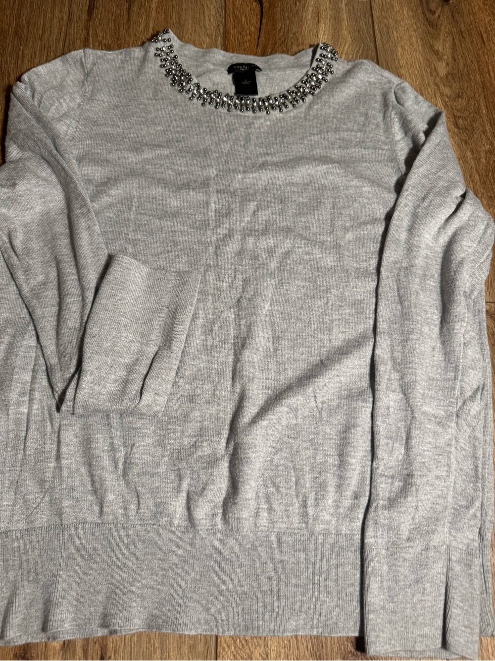 Ann Taylor Light Gray Sweater with Embellished Neck Size Large.